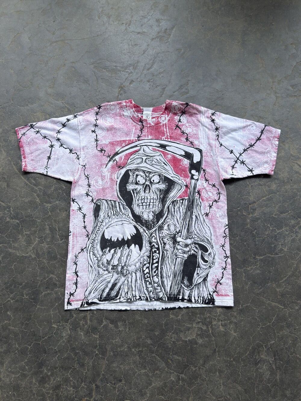 Vintage 90s Grim Reaper Halloween Red White AOP Print Tee